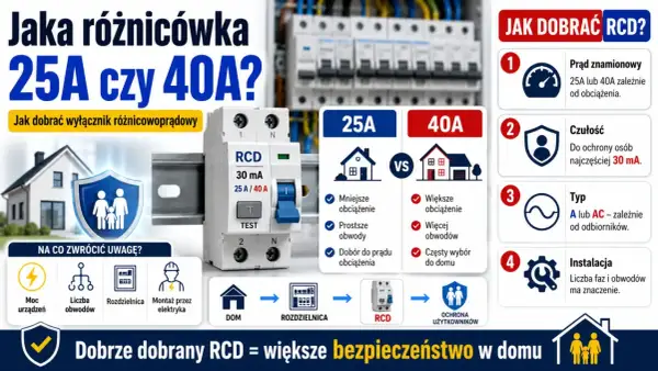 Porównanie wyłączników RCD 25A i 40A. Wybór zależy od obciążenia i liczby obwodów w domu. Dobrze dobrany RCD to większe bezpieczeństwo.