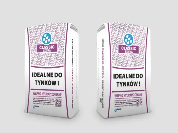 Dwie torby wapna budowlanego Classic Extra, idealne do tynków. Produkt wapno hydratyzowane, 25 kg.