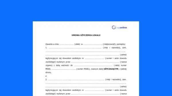 Formularz umowy użyczenia lokalu, zawierający pola do wpisania danych stron, daty i miejsca zawarcia umowy.