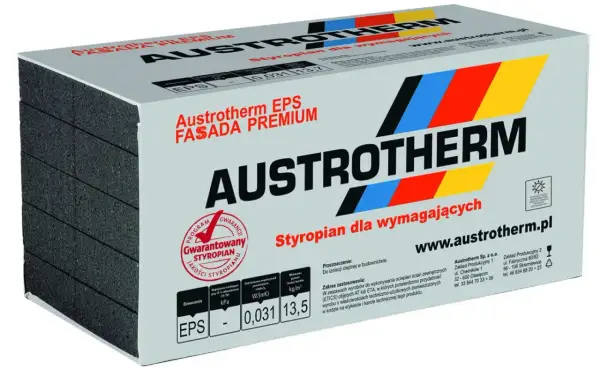 Opakowanie styropianu Austrotherm EPS Fasada Premium, przeznaczone do izolacji cieplnej.