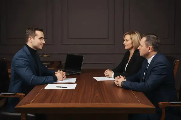 Notariusz omawia akt notarialny mieszkania z klientami przy drewnianym stole.