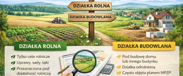 Rozdroże dróg: z jednej strony działka rolna z traktorem i uprawami, z drugiej działka budowlana z domem w budowie.