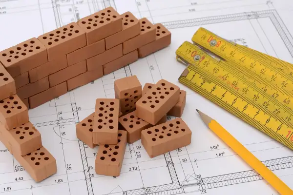 Miniaturowa budowa z cegieł, miarka i ołówek na planie architektonicznym. To idealny zestaw do tworzenia **renta planistyczna**.
