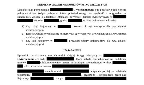 Wniosek o ujawnienie numerów ksiąg wieczystych. Jak sprawdzić numer księgi wieczystej? Dokument zawiera pytania do sądu o prowadzenie ksiąg wieczystych i zbiorów dokumentów.