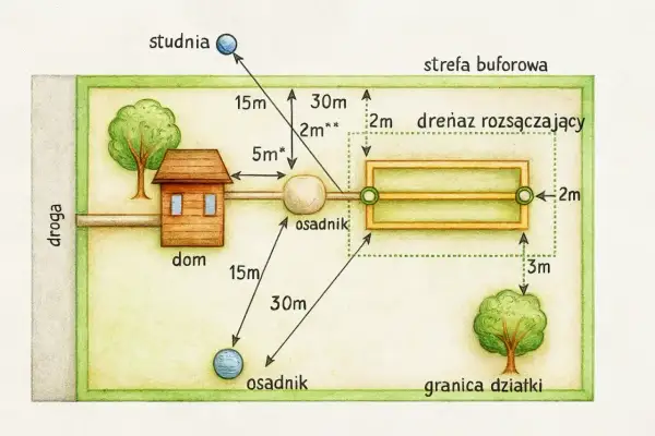 Schemat przydomowej oczyszczalni ścieków: dom, osadnik, drenaż rozsączający, studnia. Pokazuje wymagane odległości od granicy działki i innych elementów.