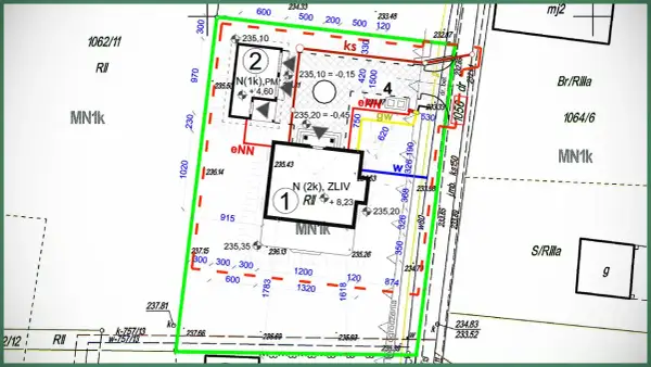 Mapa do celów projektowych cena: szczegółowy plan działki z oznaczeniami budynków, sieci i granic.