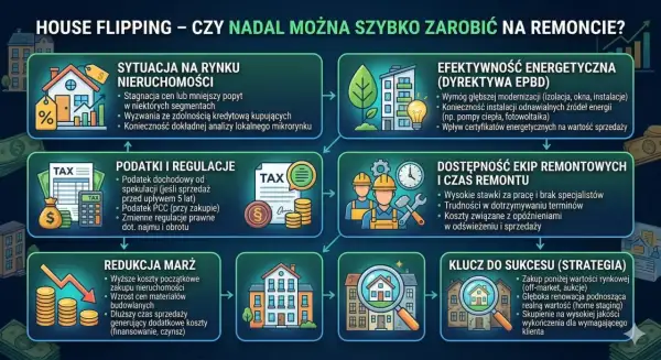 Flipowanie nieruchomości: analiza rynku, podatki, remonty i klucz do sukcesu. Grafika przedstawia czynniki wpływające na opłacalność flipowania.