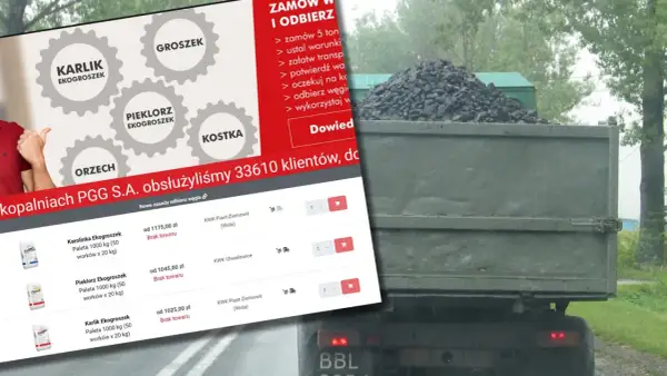 PGG cennik węgla: ekogroszek, orzech, kostka. Na ekranie widoczne ceny i dostępność produktów, obok ciężarówka z węglem.