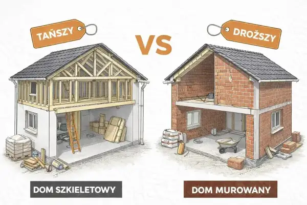 Porównanie budowy domu szkieletowego (tańszy) z domem murowanym (droższy). Widoczne konstrukcje i materiały budowlane.